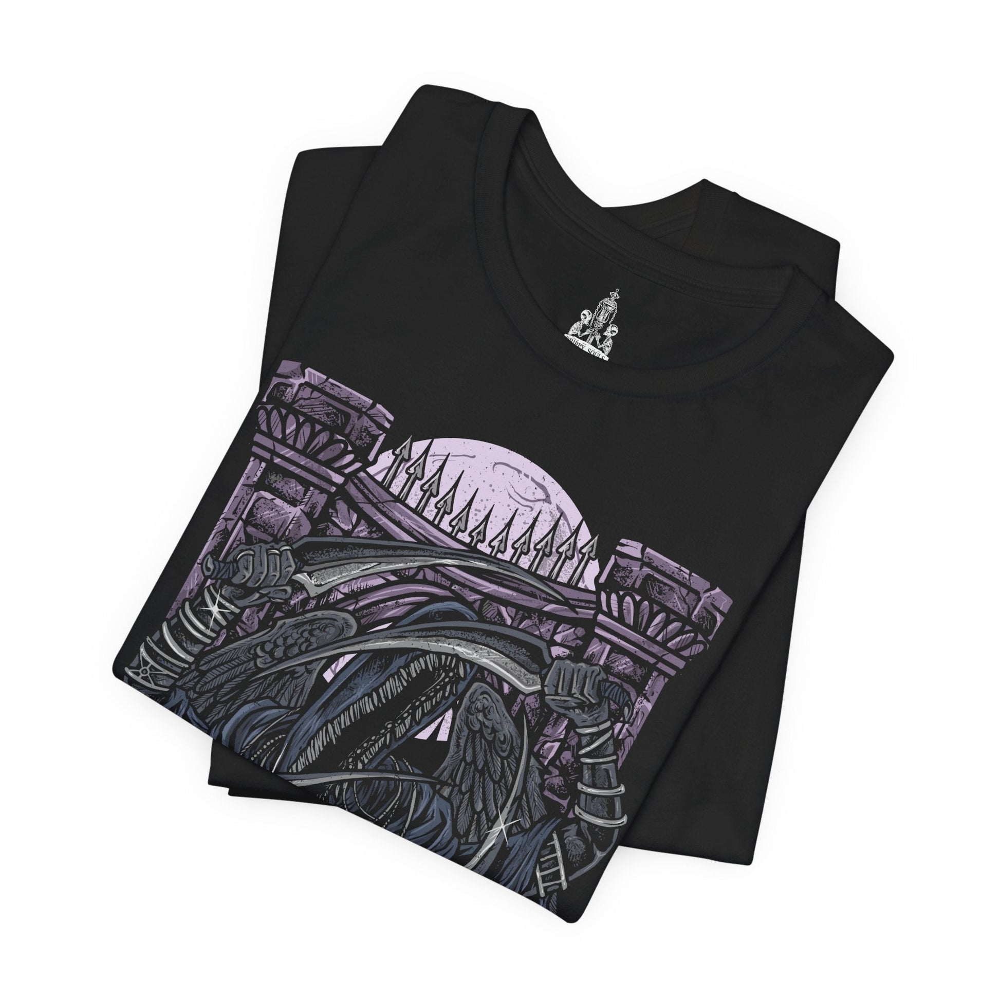 Image 5 of a T-Shirt design of Mergo's Wet Nurse from Bloodborne, emerging from an endless veil of darkness beneath the Blood Moon with multiple elongated arms wielding curved blades. Her flowing black robes dissolve into shadow as purple mist surrounds the nightmare arena. The design captures the mysterious Great One's guardian, embodying cosmic horror, death, and the haunting silence of the Nightmare of Mensis.