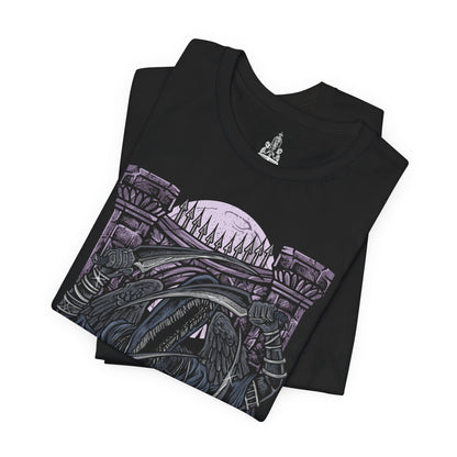 Image 5 of a T-Shirt design of Mergo's Wet Nurse from Bloodborne, emerging from an endless veil of darkness beneath the Blood Moon with multiple elongated arms wielding curved blades. Her flowing black robes dissolve into shadow as purple mist surrounds the nightmare arena. The design captures the mysterious Great One's guardian, embodying cosmic horror, death, and the haunting silence of the Nightmare of Mensis.