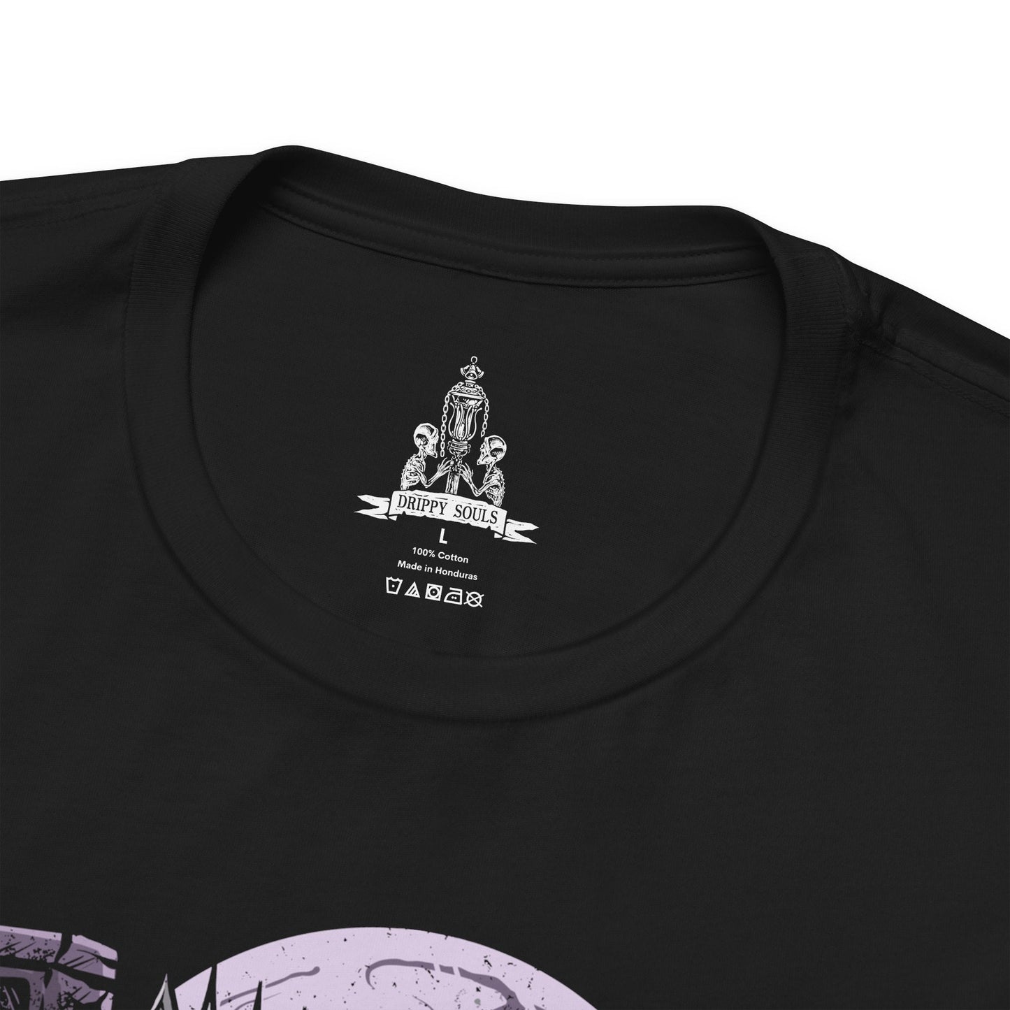 Folded T-Shirt design of Mergo's Wet Nurse from Bloodborne, emerging from an endless veil of darkness beneath the Blood Moon with multiple elongated arms wielding curved blades. Her flowing black robes dissolve into shadow as purple mist surrounds the nightmare arena. The design captures the mysterious Great One's guardian, embodying cosmic horror, death, and the haunting silence of the Nightmare of Mensis.