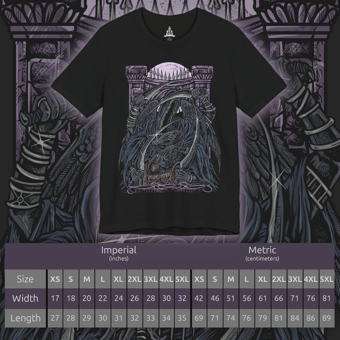 Size chart of a T-Shirt design of Mergo's Wet Nurse from Bloodborne, emerging from an endless veil of darkness beneath the Blood Moon with multiple elongated arms wielding curved blades. Her flowing black robes dissolve into shadow as purple mist surrounds the nightmare arena. The design captures the mysterious Great One's guardian, embodying cosmic horror, death, and the haunting silence of the Nightmare of Mensis.