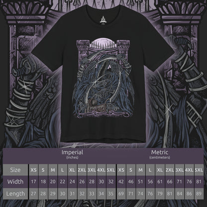 Size chart of a T-Shirt design of Mergo's Wet Nurse from Bloodborne, emerging from an endless veil of darkness beneath the Blood Moon with multiple elongated arms wielding curved blades. Her flowing black robes dissolve into shadow as purple mist surrounds the nightmare arena. The design captures the mysterious Great One's guardian, embodying cosmic horror, death, and the haunting silence of the Nightmare of Mensis.