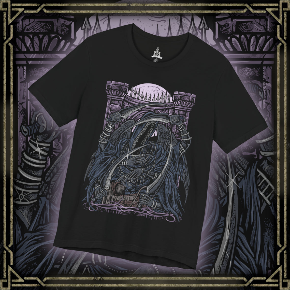 Thumbnail of a T-Shirt design of Mergo's Wet Nurse from Bloodborne, emerging from an endless veil of darkness beneath the Blood Moon with multiple elongated arms wielding curved blades. Her flowing black robes dissolve into shadow as purple mist surrounds the nightmare arena. The design captures the mysterious Great One's guardian, embodying cosmic horror, death, and the haunting silence of the Nightmare of Mensis.