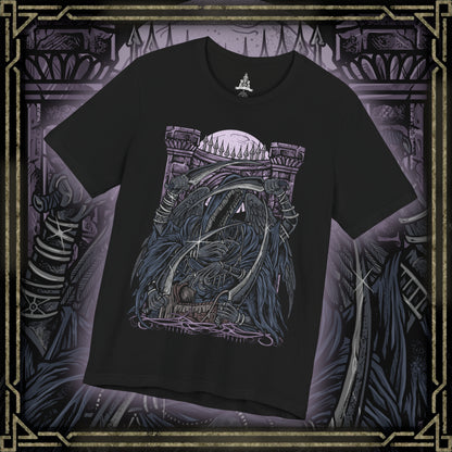 Thumbnail of a T-Shirt design of Mergo's Wet Nurse from Bloodborne, emerging from an endless veil of darkness beneath the Blood Moon with multiple elongated arms wielding curved blades. Her flowing black robes dissolve into shadow as purple mist surrounds the nightmare arena. The design captures the mysterious Great One's guardian, embodying cosmic horror, death, and the haunting silence of the Nightmare of Mensis.
