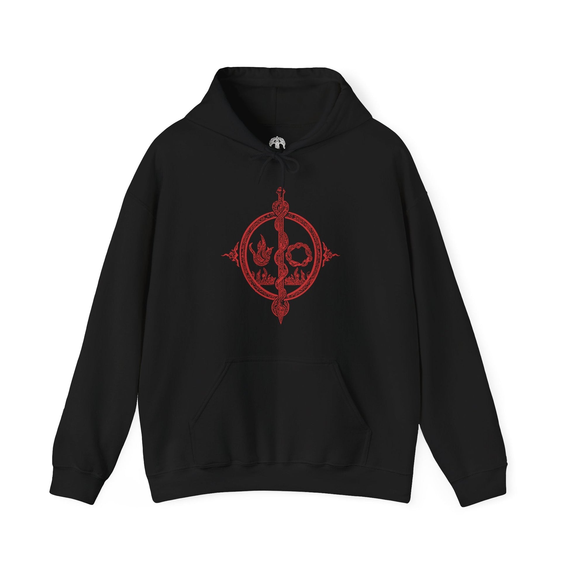 Image 4 of a This hooded sweatshirt features Messmer the Impaler in a gritty, bold design, capturing his menacing presence and iconic weapon. The artwork brings to life the dark, intense aura of Messmer, the exiled son of Queen Marika, whose ruthless crusade against the Hornsent people and destruction of their Divine Beasts marks his path of vengeance. Ideal for fans who embrace the grim atmosphere of Elden Ring and resonate with the shadowy forces shaping the Land of Shadows.