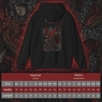 Size chart of a This hooded sweatshirt features Messmer the Impaler in a gritty, bold design, capturing his menacing presence and iconic weapon. The artwork brings to life the dark, intense aura of Messmer, the exiled son of Queen Marika, whose ruthless crusade against the Hornsent people and destruction of their Divine Beasts marks his path of vengeance. Ideal for fans who embrace the grim atmosphere of Elden Ring and resonate with the shadowy forces shaping the Land of Shadows.
