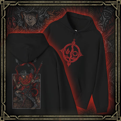 Thumbnail of a This hooded sweatshirt features Messmer the Impaler in a gritty, bold design, capturing his menacing presence and iconic weapon. The artwork brings to life the dark, intense aura of Messmer, the exiled son of Queen Marika, whose ruthless crusade against the Hornsent people and destruction of their Divine Beasts marks his path of vengeance. Ideal for fans who embrace the grim atmosphere of Elden Ring and resonate with the shadowy forces shaping the Land of Shadows.