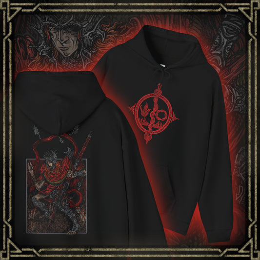 Thumbnail of a This hooded sweatshirt features Messmer the Impaler in a gritty, bold design, capturing his menacing presence and iconic weapon. The artwork brings to life the dark, intense aura of Messmer, the exiled son of Queen Marika, whose ruthless crusade against the Hornsent people and destruction of their Divine Beasts marks his path of vengeance. Ideal for fans who embrace the grim atmosphere of Elden Ring and resonate with the shadowy forces shaping the Land of Shadows.