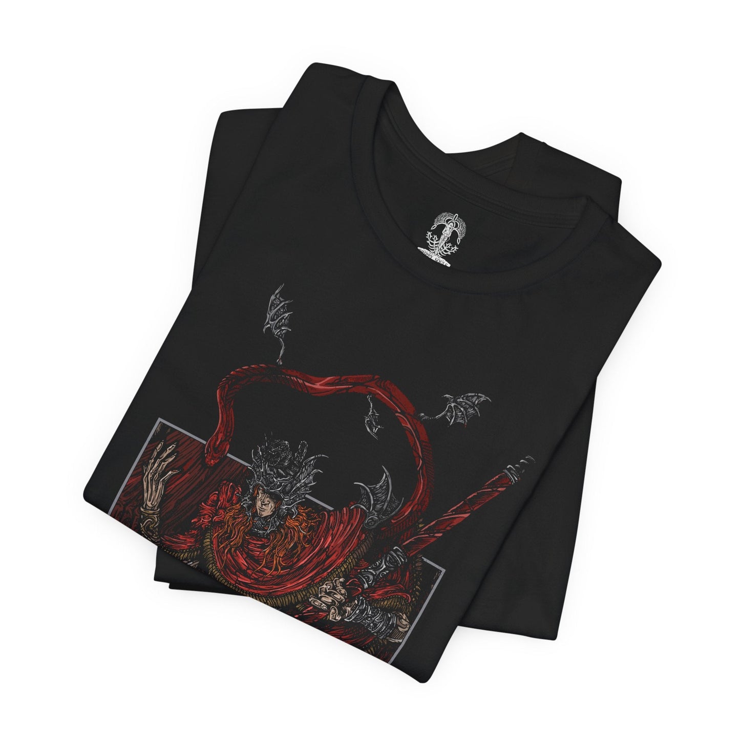 Image 5 of a T-shirt featuring Messmer the Impaler in a gritty design, showcasing his menacing appearance and signature weapon, perfect for fans who appreciate the dark and intense atmosphere of his character in Elden Ring.