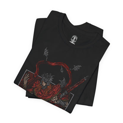 Image 5 of a T-shirt featuring Messmer the Impaler in a gritty design, showcasing his menacing appearance and signature weapon, perfect for fans who appreciate the dark and intense atmosphere of his character in Elden Ring.