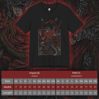 Size chart of a T-shirt featuring Messmer the Impaler in a gritty design, showcasing his menacing appearance and signature weapon, perfect for fans who appreciate the dark and intense atmosphere of his character in Elden Ring.