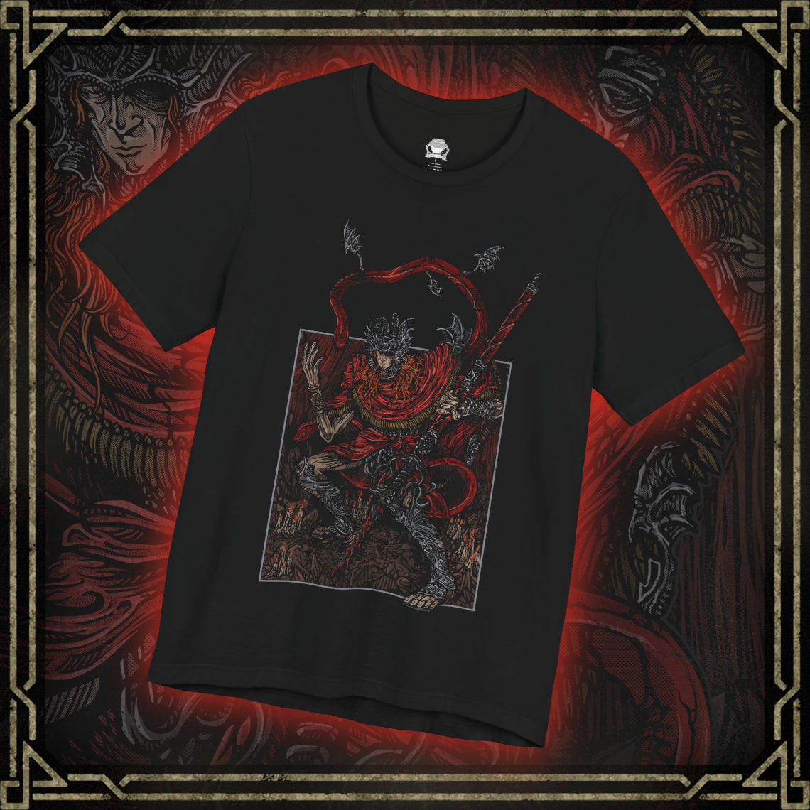 Thumbnail of a T-shirt featuring Messmer the Impaler in a gritty design, showcasing his menacing appearance and signature weapon, perfect for fans who appreciate the dark and intense atmosphere of his character in Elden Ring.