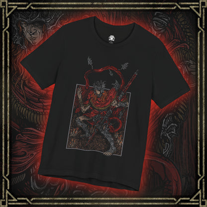 Thumbnail of a T-shirt featuring Messmer the Impaler in a gritty design, showcasing his menacing appearance and signature weapon, perfect for fans who appreciate the dark and intense atmosphere of his character in Elden Ring.