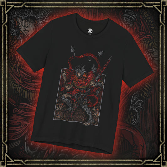 Thumbnail of a T-shirt featuring Messmer the Impaler in a gritty design, showcasing his menacing appearance and signature weapon, perfect for fans who appreciate the dark and intense atmosphere of his character in Elden Ring.
