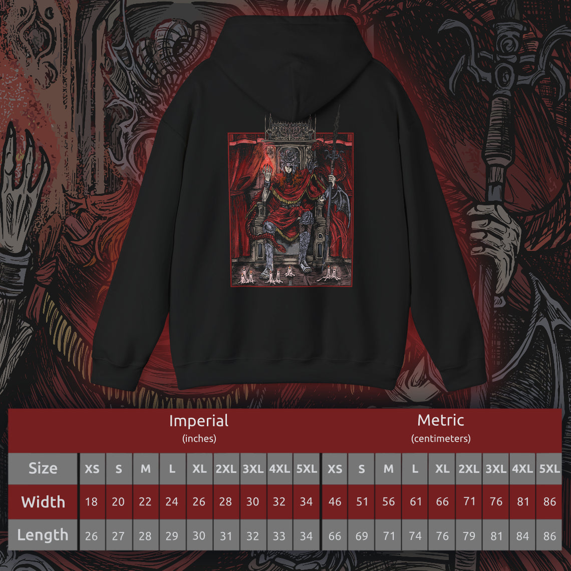 Size chart of a Hooded Sweatshirt featuring Messmer the Impaler from Elden Ring Shadow of the Erdtree. His menacing silhouette and iconic weapon are brought to life in gritty detail, reflecting the raw intensity of his character. As the exiled son of Queen Marika and the merciless leader of the crusade against the Hornsent, Messmer commands fear and respect. Perfect for fans who admire the haunting beauty and grim atmosphere of the Land of Shadow.