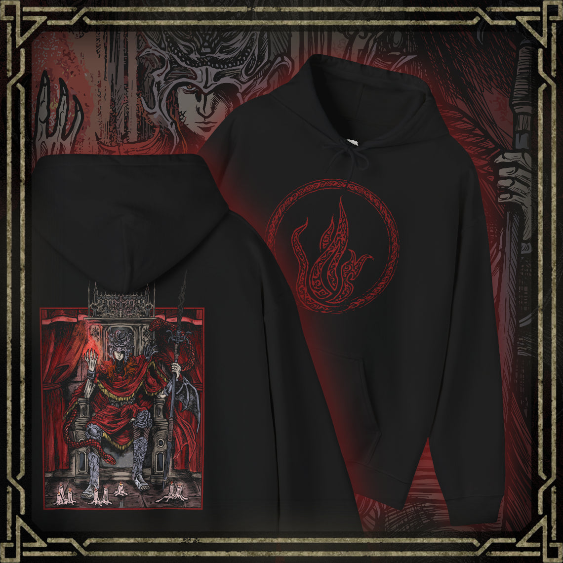 Thumbnail of a Hooded Sweatshirt featuring Messmer the Impaler from Elden Ring Shadow of the Erdtree. His menacing silhouette and iconic weapon are brought to life in gritty detail, reflecting the raw intensity of his character. As the exiled son of Queen Marika and the merciless leader of the crusade against the Hornsent, Messmer commands fear and respect. Perfect for fans who admire the haunting beauty and grim atmosphere of the Land of Shadow.