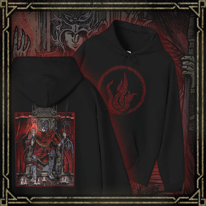 Thumbnail of a Hooded Sweatshirt featuring Messmer the Impaler from Elden Ring Shadow of the Erdtree. His menacing silhouette and iconic weapon are brought to life in gritty detail, reflecting the raw intensity of his character. As the exiled son of Queen Marika and the merciless leader of the crusade against the Hornsent, Messmer commands fear and respect. Perfect for fans who admire the haunting beauty and grim atmosphere of the Land of Shadow.