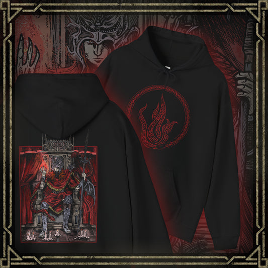 Thumbnail of a Hooded Sweatshirt featuring Messmer the Impaler from Elden Ring Shadow of the Erdtree. His menacing silhouette and iconic weapon are brought to life in gritty detail, reflecting the raw intensity of his character. As the exiled son of Queen Marika and the merciless leader of the crusade against the Hornsent, Messmer commands fear and respect. Perfect for fans who admire the haunting beauty and grim atmosphere of the Land of Shadow.