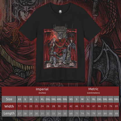 Size chart of a T-shirt featuring Messmer the Impaler in a gritty, throne-centered design that captures his ominous presence and signature weapon with haunting detail. Seated in dominion, Messmer radiates cold authority—the abandoned son of Queen Marika, turned ruthless demigod and leader of the brutal crusade against the Hornsent people. Ideal for fans who revel in the dark, intense atmosphere of Elden Ring, this tee embodies the power of one of the Land of Shadow’s most fearsome figures.