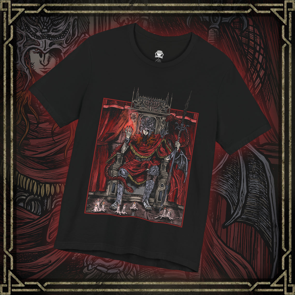 Thumbnail of a T-shirt featuring Messmer the Impaler in a gritty, throne-centered design that captures his ominous presence and signature weapon with haunting detail. Seated in dominion, Messmer radiates cold authority—the abandoned son of Queen Marika, turned ruthless demigod and leader of the brutal crusade against the Hornsent people. Ideal for fans who revel in the dark, intense atmosphere of Elden Ring, this tee embodies the power of one of the Land of Shadow’s most fearsome figures.