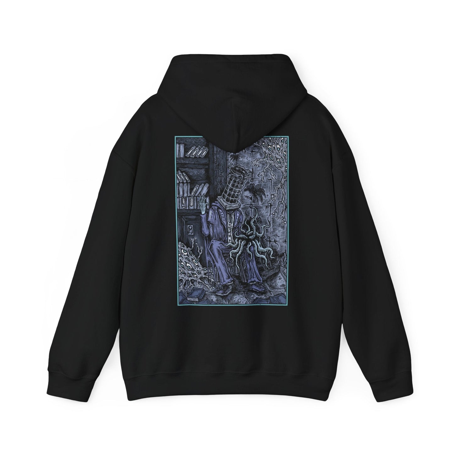 Image 5 of a Hooded Sweatshirt featuring Micolash, Host of the Nightmare from Bloodborne, the deranged scholar and leader of the School of Mensis. Trapped within the maddening dreamscape of the Nightmare of Mensis, Micolash roams its labyrinthine halls, muttering cryptic ramblings as he seeks communion with the Great Ones. Wearing his iconic cage-like helm, he embodies the twisted pursuit of cosmic knowledge at the cost of sanity. A must-have for fans of Bloodborne’s eldritch lore.