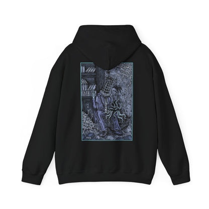 Image 5 of a Hooded Sweatshirt featuring Micolash, Host of the Nightmare from Bloodborne, the deranged scholar and leader of the School of Mensis. Trapped within the maddening dreamscape of the Nightmare of Mensis, Micolash roams its labyrinthine halls, muttering cryptic ramblings as he seeks communion with the Great Ones. Wearing his iconic cage-like helm, he embodies the twisted pursuit of cosmic knowledge at the cost of sanity. A must-have for fans of Bloodborne’s eldritch lore.