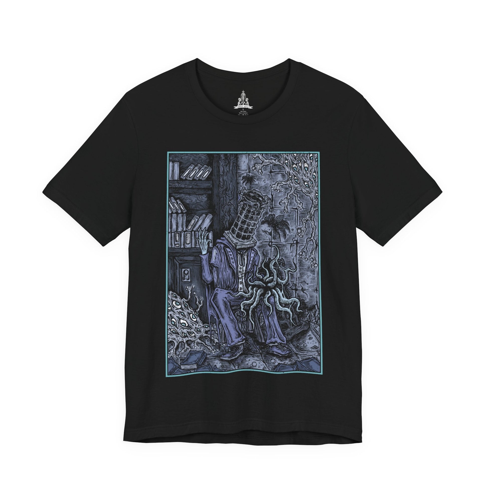 Image 4 of a T-shirt featuring Micolash, Host of the Nightmare, from Bloodborne in a grim design, highlighting his haunting appearance and eerie cage helm, perfect for fans who delve into the twisted dreams and chilling lore of Yharnam.