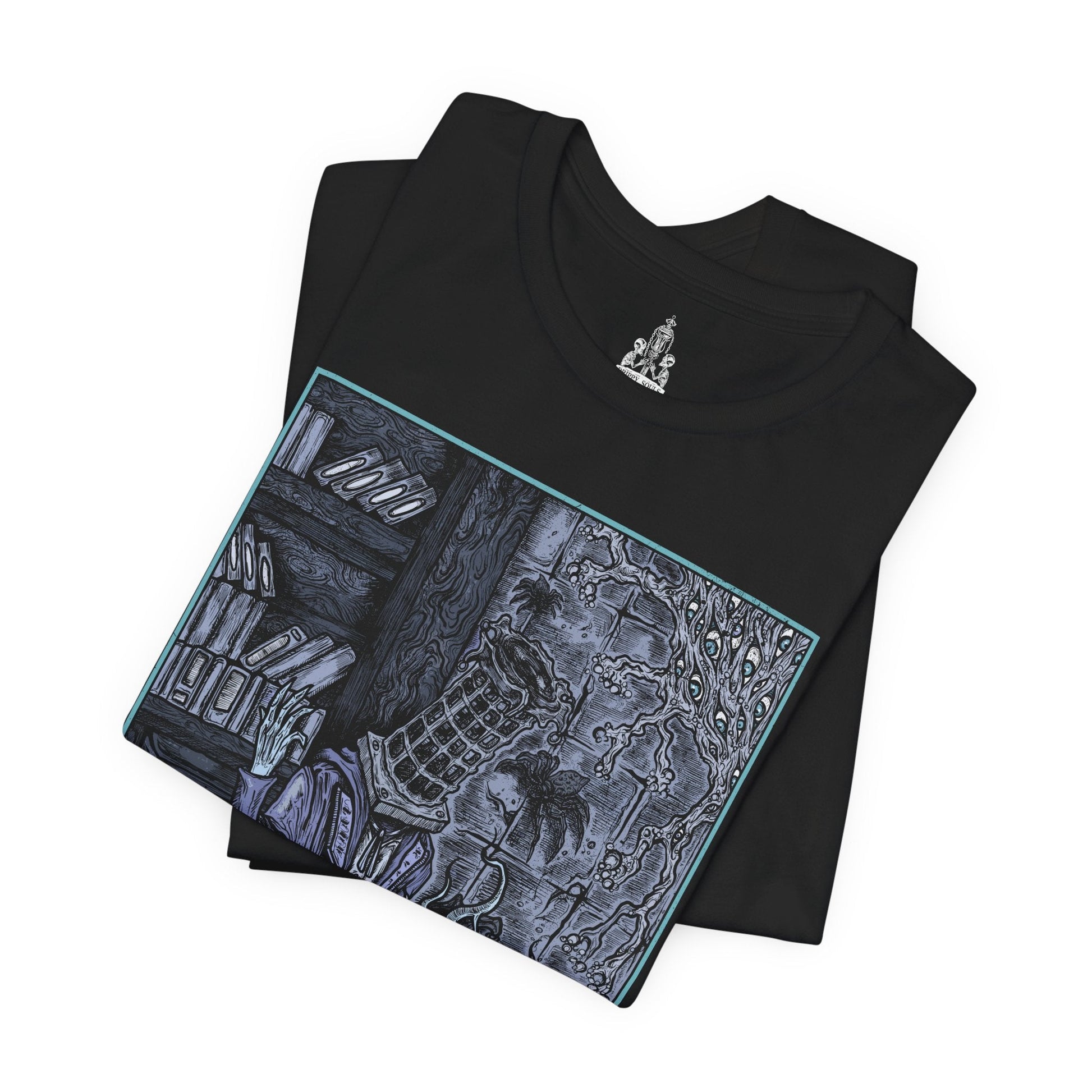 Image 5 of a T-shirt featuring Micolash, Host of the Nightmare, from Bloodborne in a grim design, highlighting his haunting appearance and eerie cage helm, perfect for fans who delve into the twisted dreams and chilling lore of Yharnam.