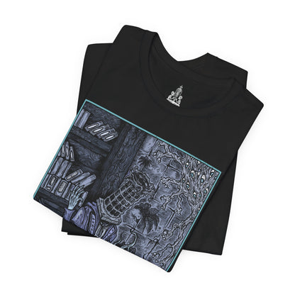 Image 5 of a T-shirt featuring Micolash, Host of the Nightmare, from Bloodborne in a grim design, highlighting his haunting appearance and eerie cage helm, perfect for fans who delve into the twisted dreams and chilling lore of Yharnam.