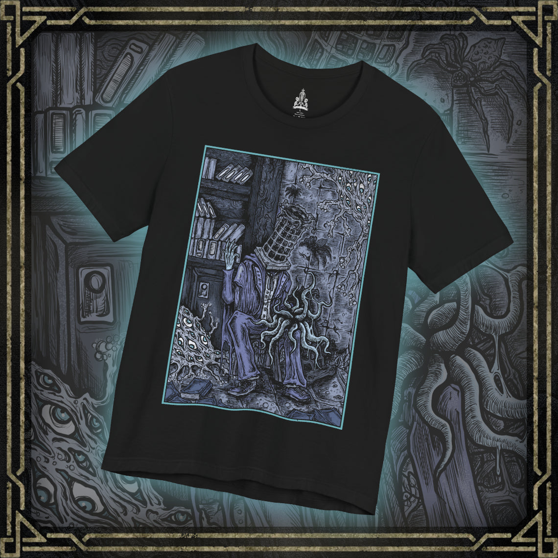 Thumbnail of a T-shirt featuring Micolash, Host of the Nightmare, from Bloodborne in a grim design, highlighting his haunting appearance and eerie cage helm, perfect for fans who delve into the twisted dreams and chilling lore of Yharnam.