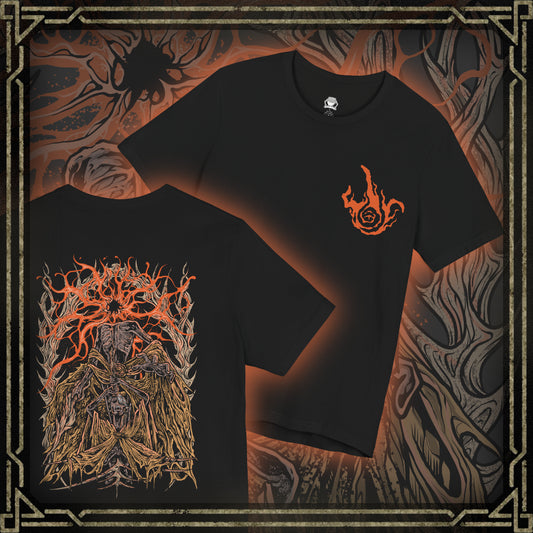 Thumbnail of a T-shirt featuring Midra, Lord of the Frenzied Flame, from Elden Ring, in a fiery, chaotic design that embodies the raw power and madness of the Frenzied Flame. The artwork captures Midra’s piercing gaze, wreathed in searing fire, alongside the ominous mark of the Three Fingers—symbolizing the unrelenting force of chaos. Ideal for fans who walk the darker, untamed paths of the Lands Between.