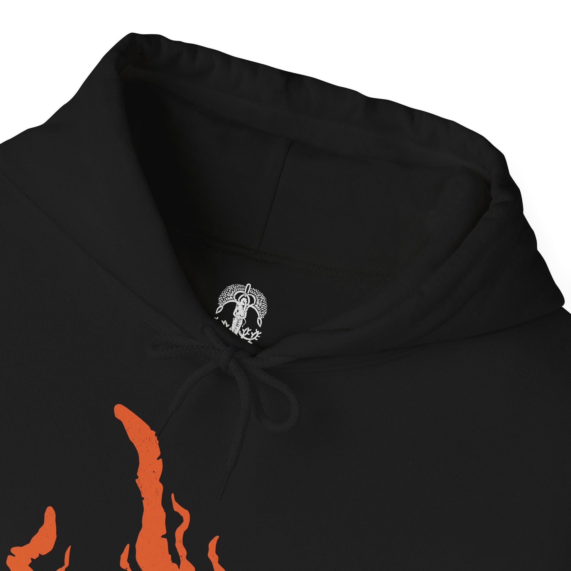 Folded Hooded Sweatshirt featuring Midra, Lord of Frenzied Flame, from Elden Ring, with a fiery and chaotic design that captures the overwhelming power and madness of the Frenzied Flame. The artwork highlights Midra’s intense gaze, engulfed in searing flames, and the ominous mark of the Three Fingers, embodying the devastating force of chaos. Perfect for fans who embrace the darker, unrestrained paths of the Lands Between.