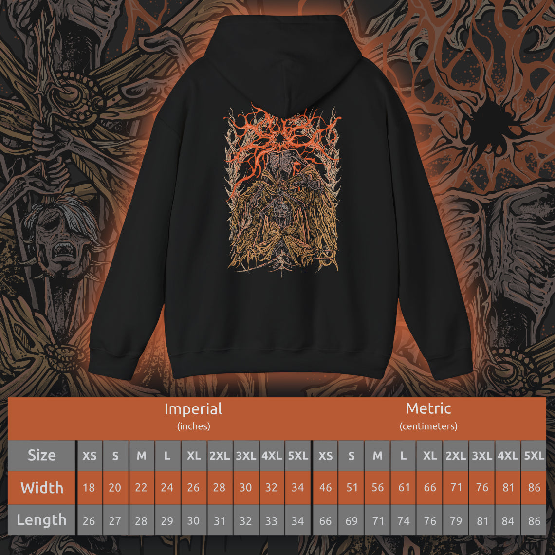 Size chart of a Hooded Sweatshirt featuring Midra, Lord of Frenzied Flame, from Elden Ring, with a fiery and chaotic design that captures the overwhelming power and madness of the Frenzied Flame. The artwork highlights Midra’s intense gaze, engulfed in searing flames, and the ominous mark of the Three Fingers, embodying the devastating force of chaos. Perfect for fans who embrace the darker, unrestrained paths of the Lands Between.