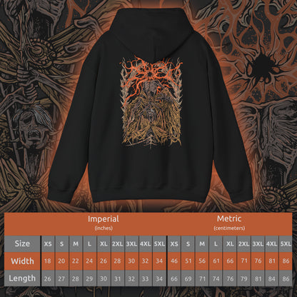 Size chart of a Hooded Sweatshirt featuring Midra, Lord of Frenzied Flame, from Elden Ring, with a fiery and chaotic design that captures the overwhelming power and madness of the Frenzied Flame. The artwork highlights Midra’s intense gaze, engulfed in searing flames, and the ominous mark of the Three Fingers, embodying the devastating force of chaos. Perfect for fans who embrace the darker, unrestrained paths of the Lands Between.