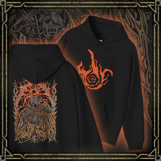 Thumbnail of a Hooded Sweatshirt featuring Midra, Lord of Frenzied Flame, from Elden Ring, with a fiery and chaotic design that captures the overwhelming power and madness of the Frenzied Flame. The artwork highlights Midra’s intense gaze, engulfed in searing flames, and the ominous mark of the Three Fingers, embodying the devastating force of chaos. Perfect for fans who embrace the darker, unrestrained paths of the Lands Between.