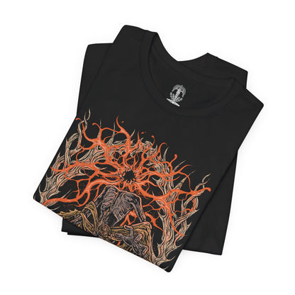 Image 5 of a T-shirt featuring Midra, Lord of Frenzied Flame, from Elden Ring, with a fiery and chaotic design that captures the overwhelming power and madness of the Frenzied Flame. The artwork highlights Midra’s intense gaze, engulfed in searing flames, and the ominous mark of the Three Fingers, embodying the devastating force of chaos. Perfect for fans who embrace the darker, unrestrained paths of the Lands Between.