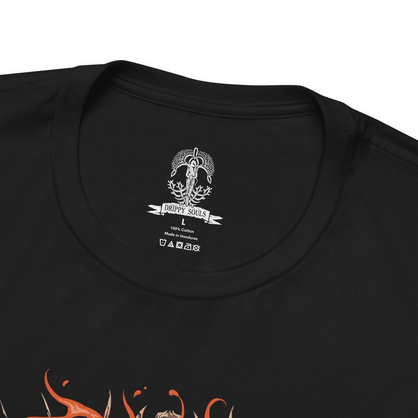 Folded T-shirt featuring Midra, Lord of Frenzied Flame, from Elden Ring, with a fiery and chaotic design that captures the overwhelming power and madness of the Frenzied Flame. The artwork highlights Midra’s intense gaze, engulfed in searing flames, and the ominous mark of the Three Fingers, embodying the devastating force of chaos. Perfect for fans who embrace the darker, unrestrained paths of the Lands Between.