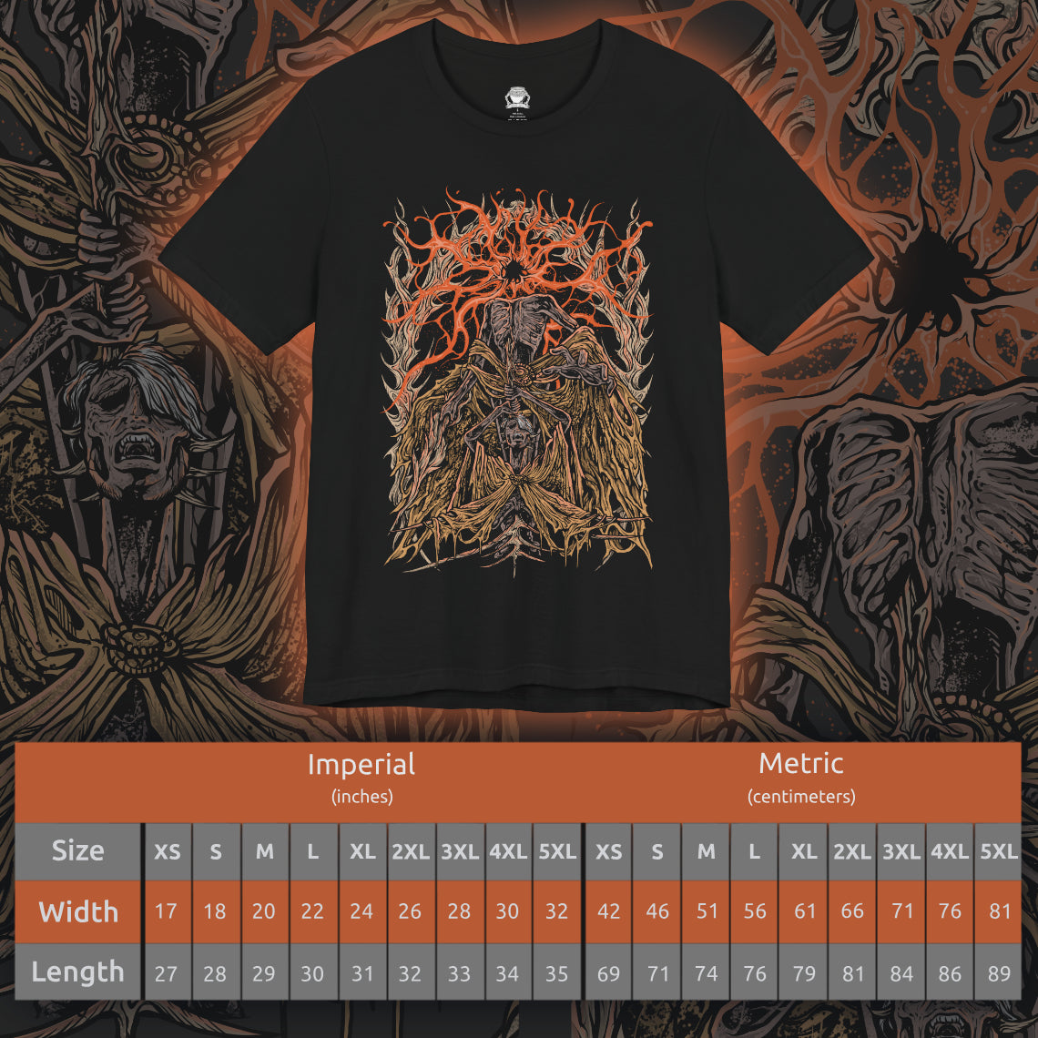 Size chart of a T-shirt featuring Midra, Lord of Frenzied Flame, from Elden Ring, with a fiery and chaotic design that captures the overwhelming power and madness of the Frenzied Flame. The artwork highlights Midra’s intense gaze, engulfed in searing flames, and the ominous mark of the Three Fingers, embodying the devastating force of chaos. Perfect for fans who embrace the darker, unrestrained paths of the Lands Between.