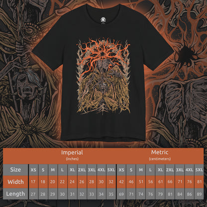 Size chart of a T-shirt featuring Midra, Lord of Frenzied Flame, from Elden Ring, with a fiery and chaotic design that captures the overwhelming power and madness of the Frenzied Flame. The artwork highlights Midra’s intense gaze, engulfed in searing flames, and the ominous mark of the Three Fingers, embodying the devastating force of chaos. Perfect for fans who embrace the darker, unrestrained paths of the Lands Between.