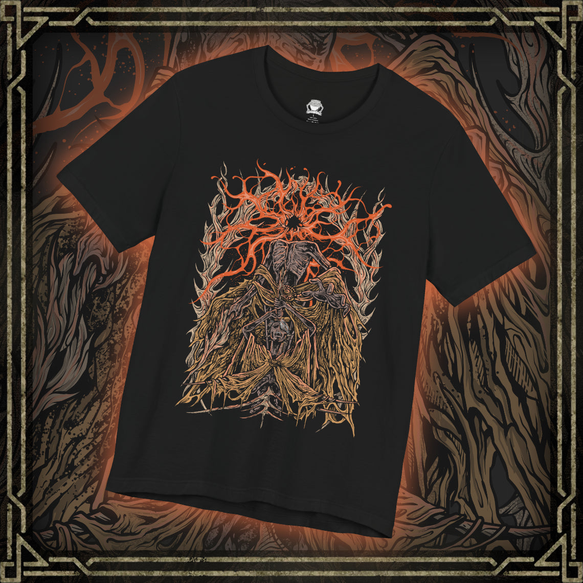 Thumbnail of a T-shirt featuring Midra, Lord of Frenzied Flame, from Elden Ring, with a fiery and chaotic design that captures the overwhelming power and madness of the Frenzied Flame. The artwork highlights Midra’s intense gaze, engulfed in searing flames, and the ominous mark of the Three Fingers, embodying the devastating force of chaos. Perfect for fans who embrace the darker, unrestrained paths of the Lands Between.