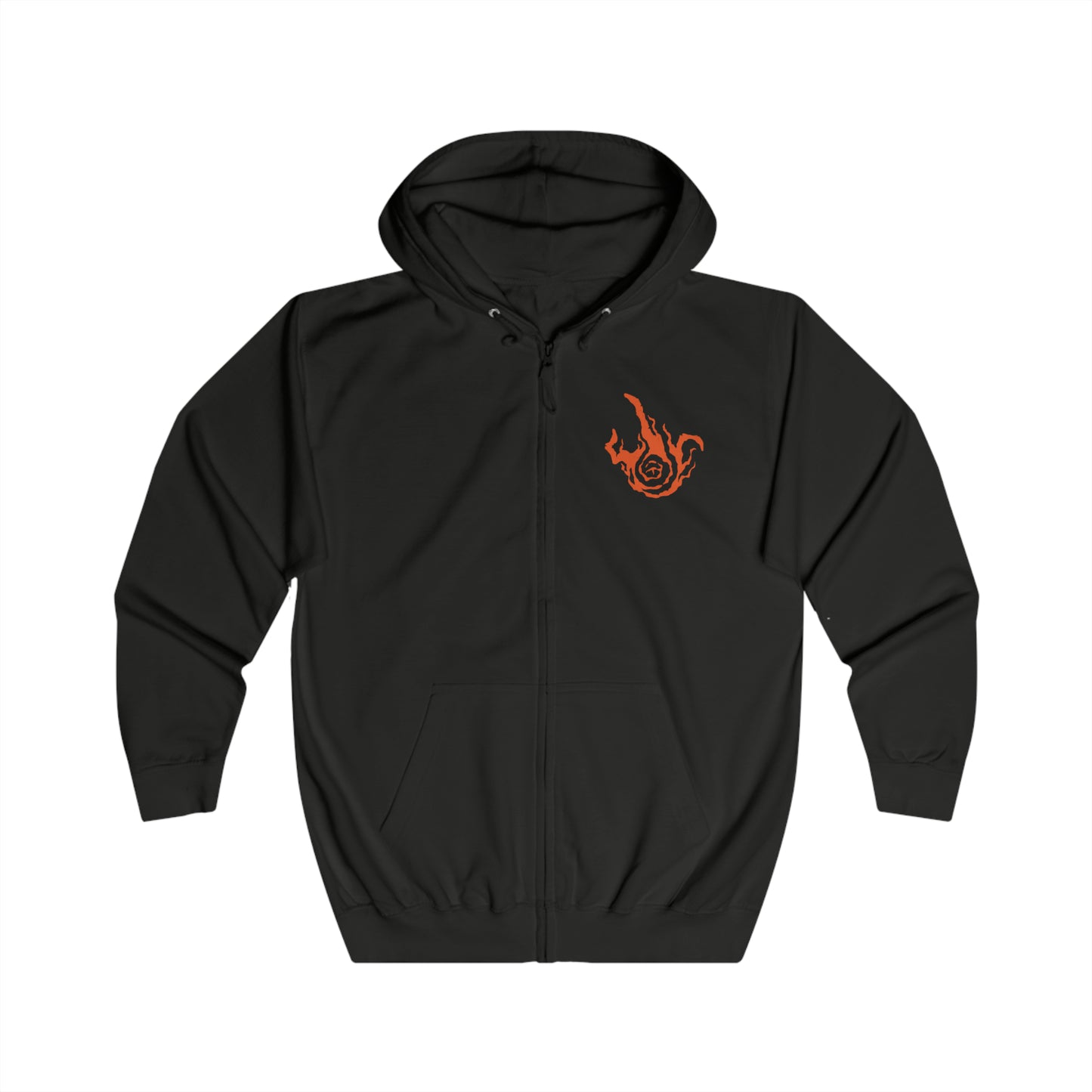 Image 4 of a Zip-up Hooded Sweatshirt featuring Midra, Lord of Frenzied Flame from Elden Ring: Shadow of the Erdtree, once a sage whose ambition to master the Frenzied Flame ended in agony. Impaled by the Greatsword of Damnation and bound by golden barbs, he endures torment until his final monstrous transformation. This design captures Midra’s tragic fall, flame-wreathed power, and the madness that fuels his dominion in the Abyssal Woods.