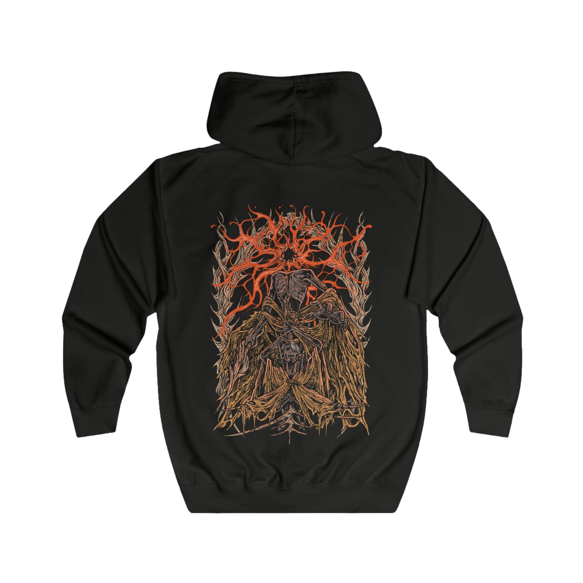Folded Zip-up Hooded Sweatshirt featuring Midra, Lord of Frenzied Flame from Elden Ring: Shadow of the Erdtree, once a sage whose ambition to master the Frenzied Flame ended in agony. Impaled by the Greatsword of Damnation and bound by golden barbs, he endures torment until his final monstrous transformation. This design captures Midra’s tragic fall, flame-wreathed power, and the madness that fuels his dominion in the Abyssal Woods.