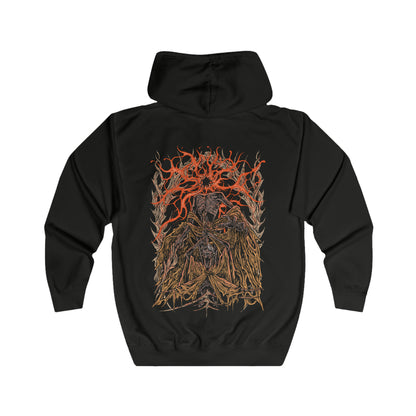 Folded Zip-up Hooded Sweatshirt featuring Midra, Lord of Frenzied Flame from Elden Ring: Shadow of the Erdtree, once a sage whose ambition to master the Frenzied Flame ended in agony. Impaled by the Greatsword of Damnation and bound by golden barbs, he endures torment until his final monstrous transformation. This design captures Midra’s tragic fall, flame-wreathed power, and the madness that fuels his dominion in the Abyssal Woods.