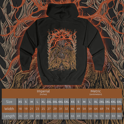 Size chart of a Zip-up Hooded Sweatshirt featuring Midra, Lord of Frenzied Flame from Elden Ring: Shadow of the Erdtree, once a sage whose ambition to master the Frenzied Flame ended in agony. Impaled by the Greatsword of Damnation and bound by golden barbs, he endures torment until his final monstrous transformation. This design captures Midra’s tragic fall, flame-wreathed power, and the madness that fuels his dominion in the Abyssal Woods.