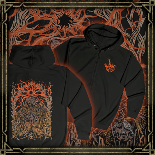 Thumbnail of a Zip-up Hooded Sweatshirt featuring Midra, Lord of Frenzied Flame from Elden Ring: Shadow of the Erdtree, once a sage whose ambition to master the Frenzied Flame ended in agony. Impaled by the Greatsword of Damnation and bound by golden barbs, he endures torment until his final monstrous transformation. This design captures Midra’s tragic fall, flame-wreathed power, and the madness that fuels his dominion in the Abyssal Woods.