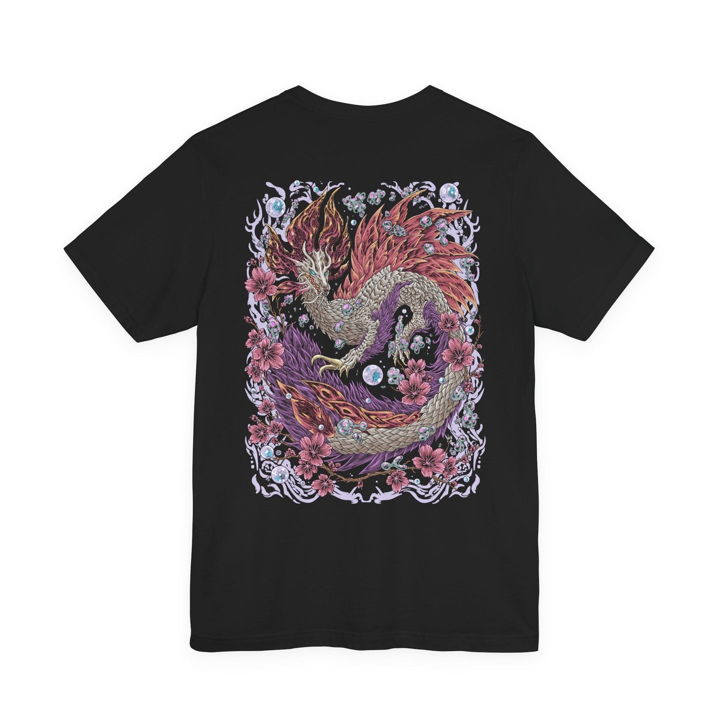 Image 5 of a T-Shirt artwork depicting Mizutsune weaving through a mist-covered river, its long body surrounded by floating iridescent bubbles and splashing waves. Water trails behind its claws as the environment glows with soft blue light. This design reflects the monster’s agility, elemental control, and the mesmerizing balance between beauty and danger that defines its combat style.