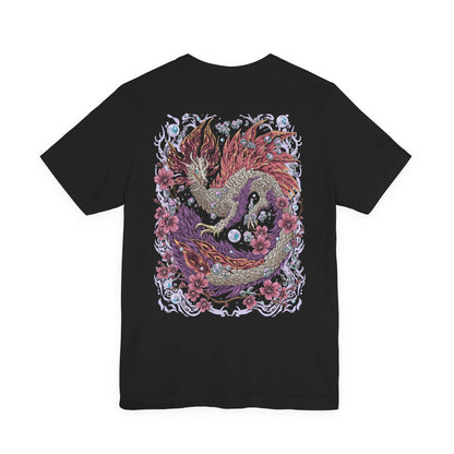 Image 5 of a T-Shirt artwork depicting Mizutsune weaving through a mist-covered river, its long body surrounded by floating iridescent bubbles and splashing waves. Water trails behind its claws as the environment glows with soft blue light. This design reflects the monster’s agility, elemental control, and the mesmerizing balance between beauty and danger that defines its combat style.