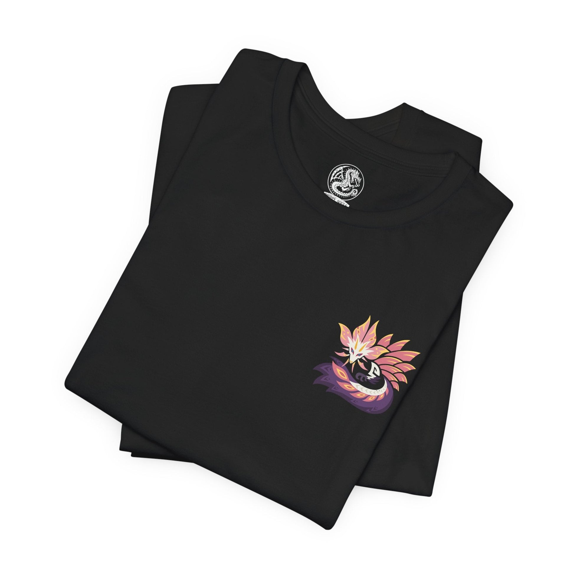 Image 6 of a T-Shirt artwork depicting Mizutsune weaving through a mist-covered river, its long body surrounded by floating iridescent bubbles and splashing waves. Water trails behind its claws as the environment glows with soft blue light. This design reflects the monster’s agility, elemental control, and the mesmerizing balance between beauty and danger that defines its combat style.