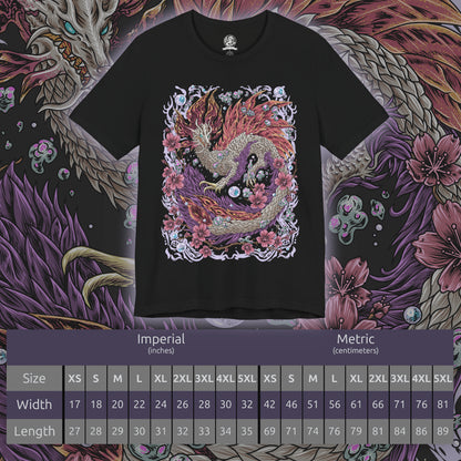 Size chart of a T-Shirt artwork depicting Mizutsune weaving through a mist-covered river, its long body surrounded by floating iridescent bubbles and splashing waves. Water trails behind its claws as the environment glows with soft blue light. This design reflects the monster’s agility, elemental control, and the mesmerizing balance between beauty and danger that defines its combat style.