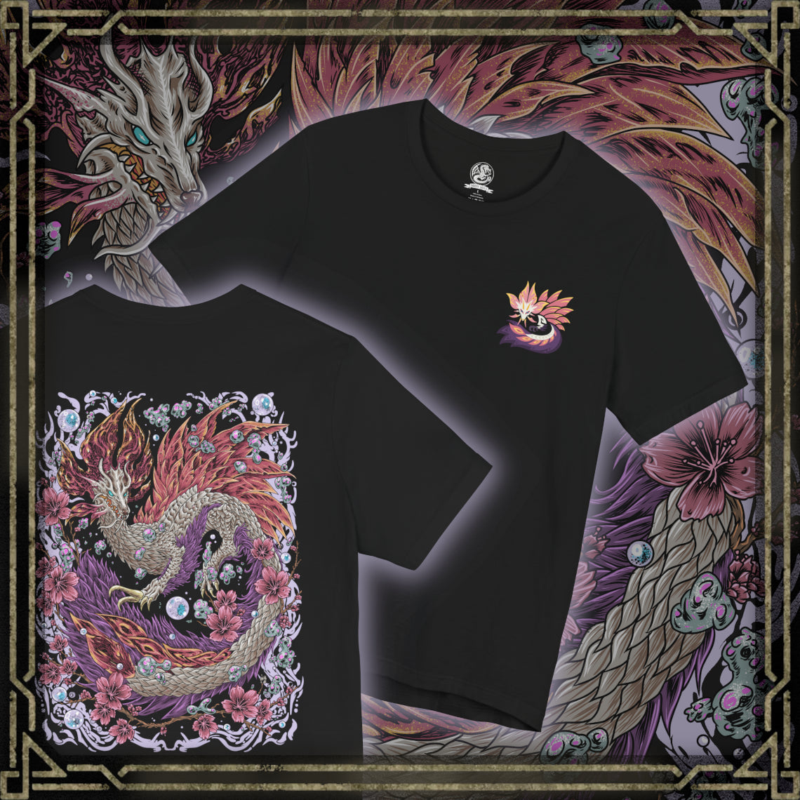 Thumbnail of a T-Shirt artwork depicting Mizutsune weaving through a mist-covered river, its long body surrounded by floating iridescent bubbles and splashing waves. Water trails behind its claws as the environment glows with soft blue light. This design reflects the monster’s agility, elemental control, and the mesmerizing balance between beauty and danger that defines its combat style.