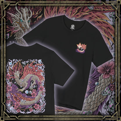 Thumbnail of a T-Shirt artwork depicting Mizutsune weaving through a mist-covered river, its long body surrounded by floating iridescent bubbles and splashing waves. Water trails behind its claws as the environment glows with soft blue light. This design reflects the monster’s agility, elemental control, and the mesmerizing balance between beauty and danger that defines its combat style.